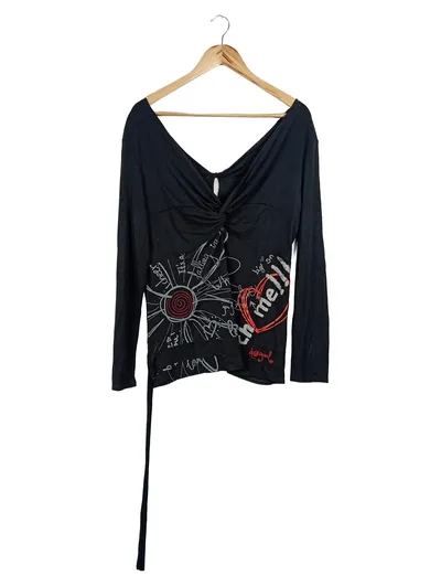 Desigual Damen Langarmshirt mit Print Schwarz Gr. 34/XS Casual