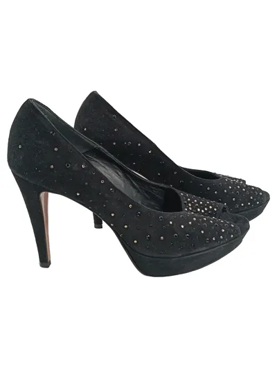 Franco Russo Damen Peeptoe Pumps Gr. 38 Schwarz Elegant mit Strasssteinen
