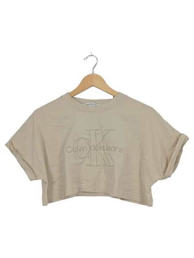 Calvin Klein Jeans Damen Crop T-Shirt Beige Gr. S Logo Stickerei