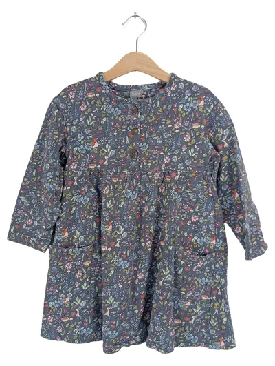 Next Mädchen Kleid Gr. 110 Blumenmuster Waldtiere Grau Bio-Baumwolle