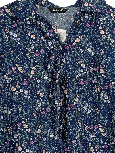 Allegra K Damen Bluse Blumenmuster Schleife Kurzarm Blau Gr. 38;M