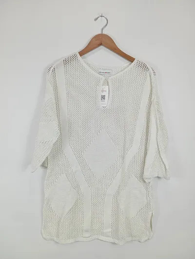 Helena Vera Damen Strickkleid Tunikakleid Lochmuster Weiß Gr. 40