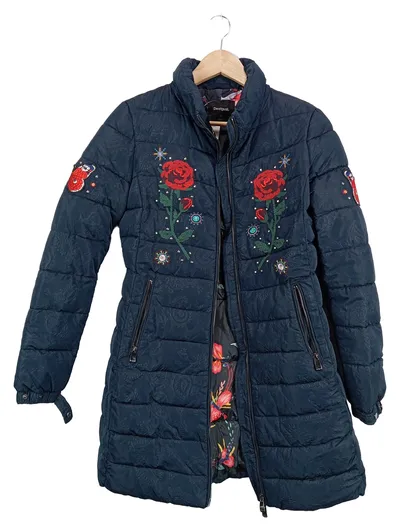 Desigual Damen Steppjacke Blau Floralmuster Stickerei Applikation L 40