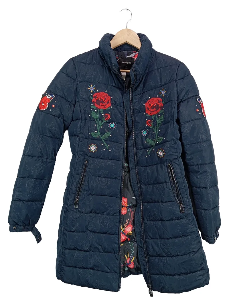 Desigual Damen Steppjacke Blau Floralmuster Stickerei Applikation L 40 1