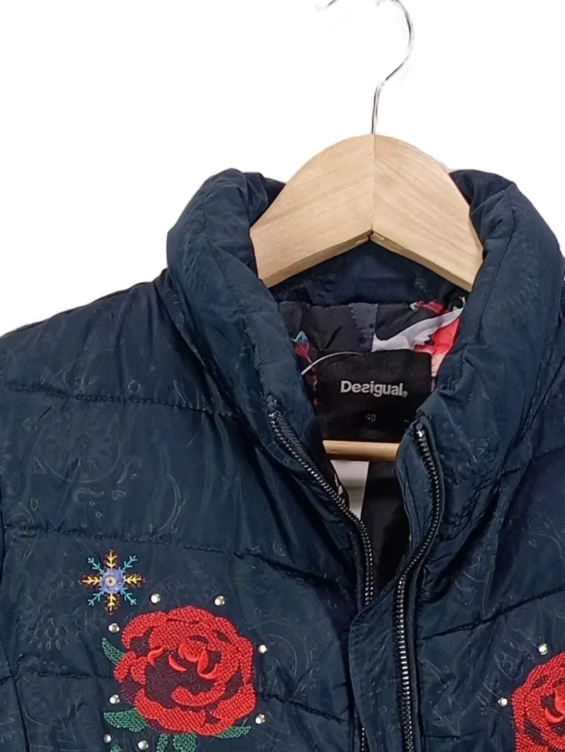 Desigual Damen Steppjacke Blau Floralmuster Stickerei Applikation L 40 2