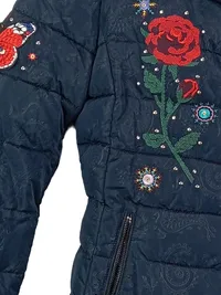 Desigual Damen Steppjacke Blau Floralmuster Stickerei Applikation L 40 3