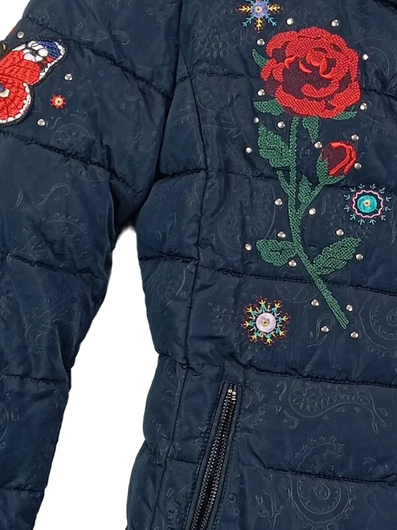 Desigual Damen Steppjacke Blau Floralmuster Stickerei Applikation L 40 3