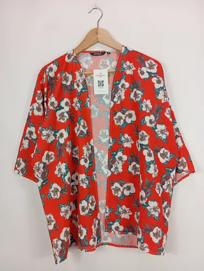 Golddigga Damen Kimono Bluse Rot Blumenmuster Gr. 44/XXL