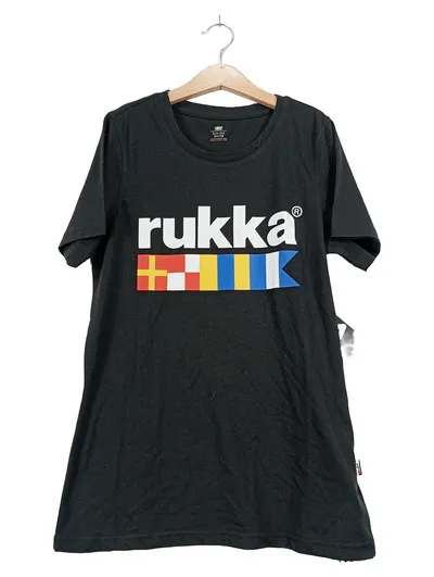 Rukka Damen T-Shirt Gr. 34/XS Schwarz Logo Print Kurzarm Freizeit Sportlich