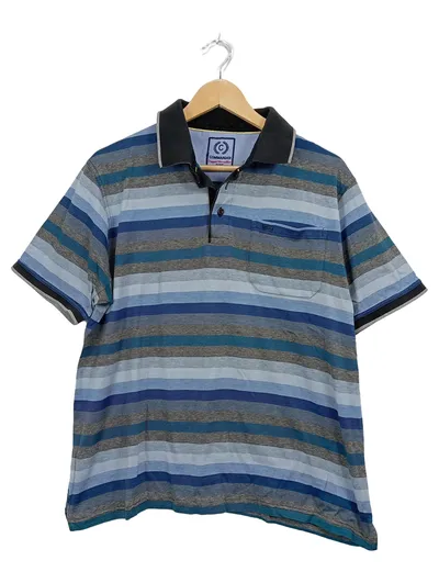 Commander Herren Poloshirt Gr. M gestreift Blau Grau Baumwolle Casual