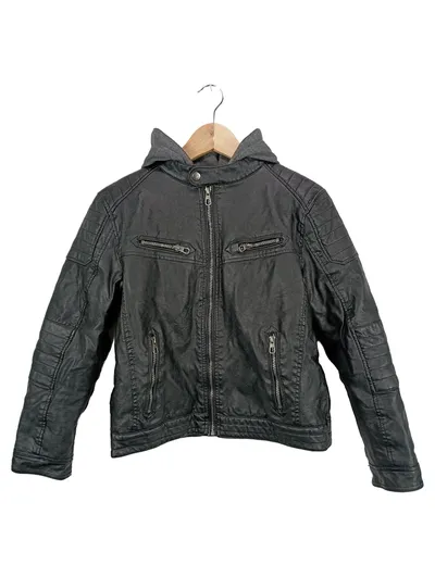 Here & There Kinder Lederjacke Gr. 158 Schwarz Kunstleder Kapuze