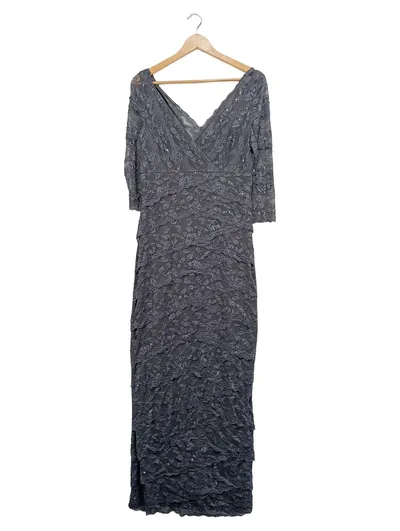 Mariposa Damen Abendkleid Langarm Spitze Pailletten Grau Gr. 42/XL