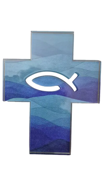 Butzon & Bercker Dekofigur Kreuz Fisch Symbol Glas Blau Modern
