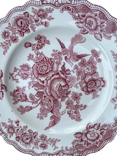 Crown Ducal Vintage Essteller Porzellan Rot Vogel Blumenmuster 20cm