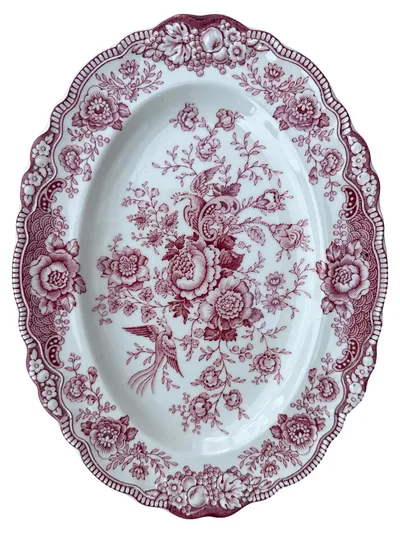 Crown Ducal Vintage Servierplatte Porzellan Blumen Vogel 26x20cm
