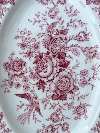 Crown Ducal Vintage Servierplatte Porzellan Blumen Vogel 26x20cm