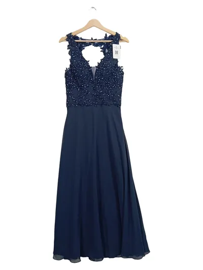 Unique Abendkleid Damen Elegant Blau Pailletten Stickerei Maxikleid Gr. 36 S