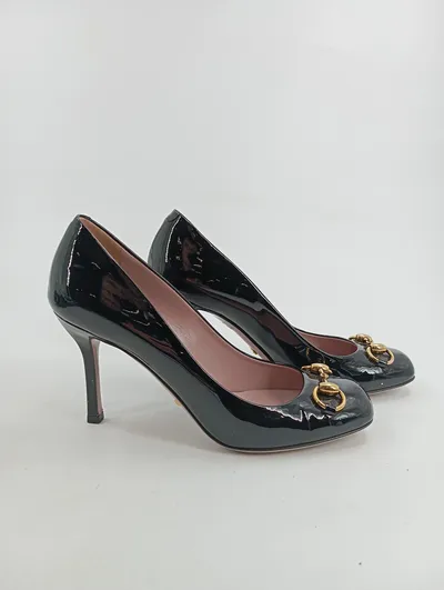 Gucci Damen Pumps Lackleder Horsebit Detail Schwarz Gr. 37,5 Elegant