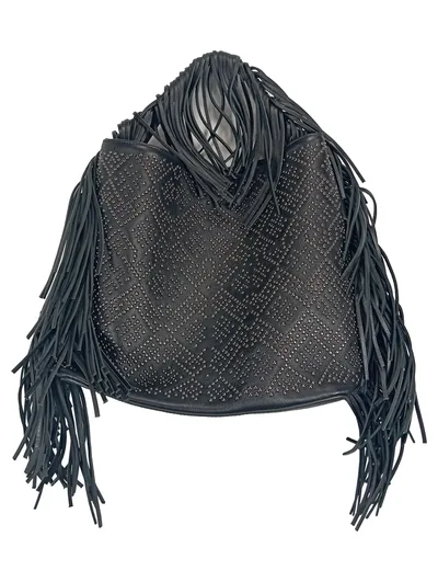 Uterqüe Damen Beuteltasche Schwarz Nieten Fransen Bohemian Stil