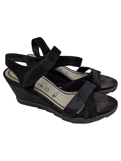 Tamaris Damen Sandalen Gr. 38 Schwarz Keilabsatz Touch it Leder