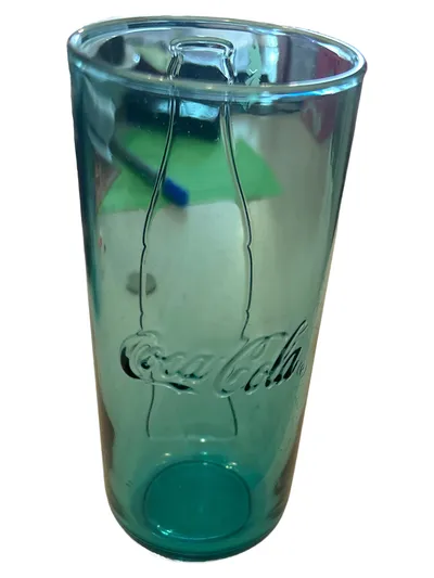Coca-Cola Trinkglas Türkis Retro Glasbecher Logo Schriftzug 15cm