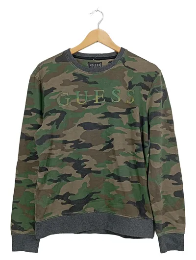 GUESS Pullover Herren Camouflage Logo Print Grün Gr. S Baumwolle