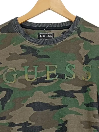 GUESS Pullover Herren Camouflage Logo Print Grün Gr. S Baumwolle