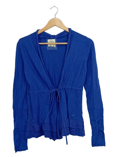 Tom Tailor Damen Strickjacke Blau Gr. M Kapuze Rüschen Bindegürtel
