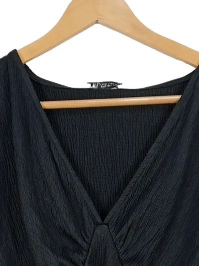 ZARA Bluse Damen Kurzarm V-Ausschnitt Crinkle Optik Schwarz Gr. L