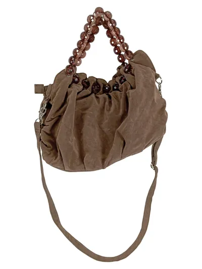 LANTADELI Damen Beuteltasche Braun Samt Perlenhenkel Schultertasche Elegant