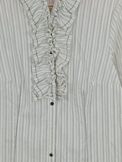 Cavita Damen Hemdbluse Gr. 44 XXL Weiß Gestreift Rüschen Baumwolle