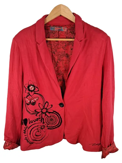 Desigual Damen Blazer Rot Blumen Nieten Viskose Boho Gr. 46 3XL
