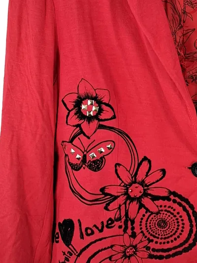 Desigual Damen Blazer Rot Blumen Nieten Viskose Boho Gr. 46 3XL