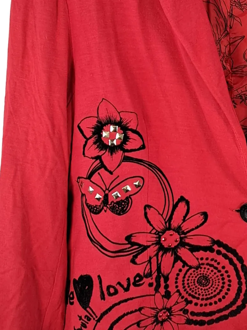Desigual Damen Blazer Rot Blumen Nieten Viskose Boho Gr. 46 3XL 2
