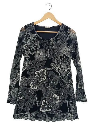 Boysen's Damen Tunika Bluse Gr. 40 Paisley Muster Schwarz Weiß Langarm