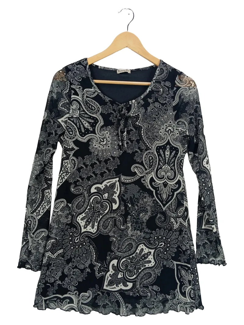 Boysen's Damen Tunika Bluse Gr. 40 Paisley Muster Schwarz Weiß Langarm 1