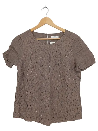 PETER HAHN Damen Top Gr. 40 Beige Spitze Pailletten Kurzarm Bluse