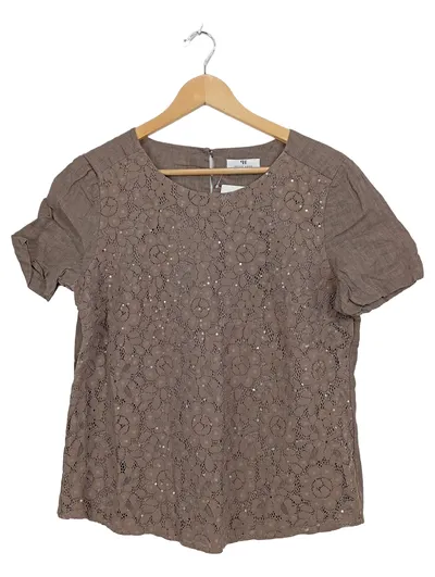PETER HAHN Damen Top Gr. 40 Beige Spitze Pailletten Kurzarm Bluse