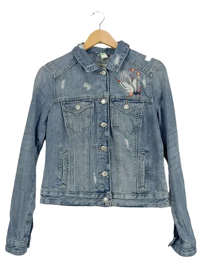 Q/S designed by Damen Jeansjacke Blau XL mit Adler-Stickerei Streetwear