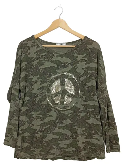 ZABAIONE Damen Langarmshirt Camouflage Peace Pailletten Oliv Gr. XS