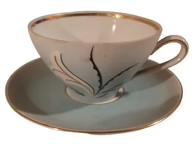 Leuchtenburg Tasse mit Untertasse Porzellan Handgemalt Gold Vintage Weiß