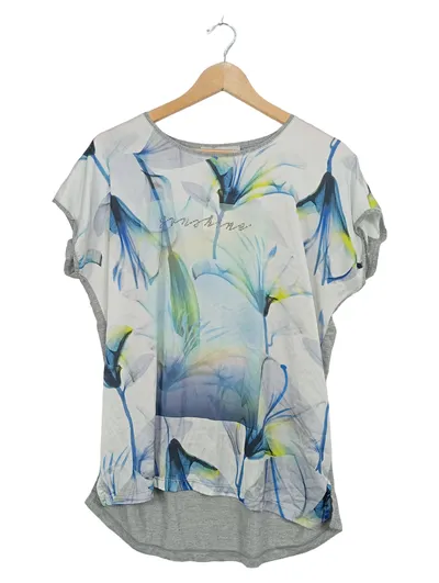 BIANCA Damen T-Shirt Blumenprint Strasssteine Gr. 42/XL Grau Blau