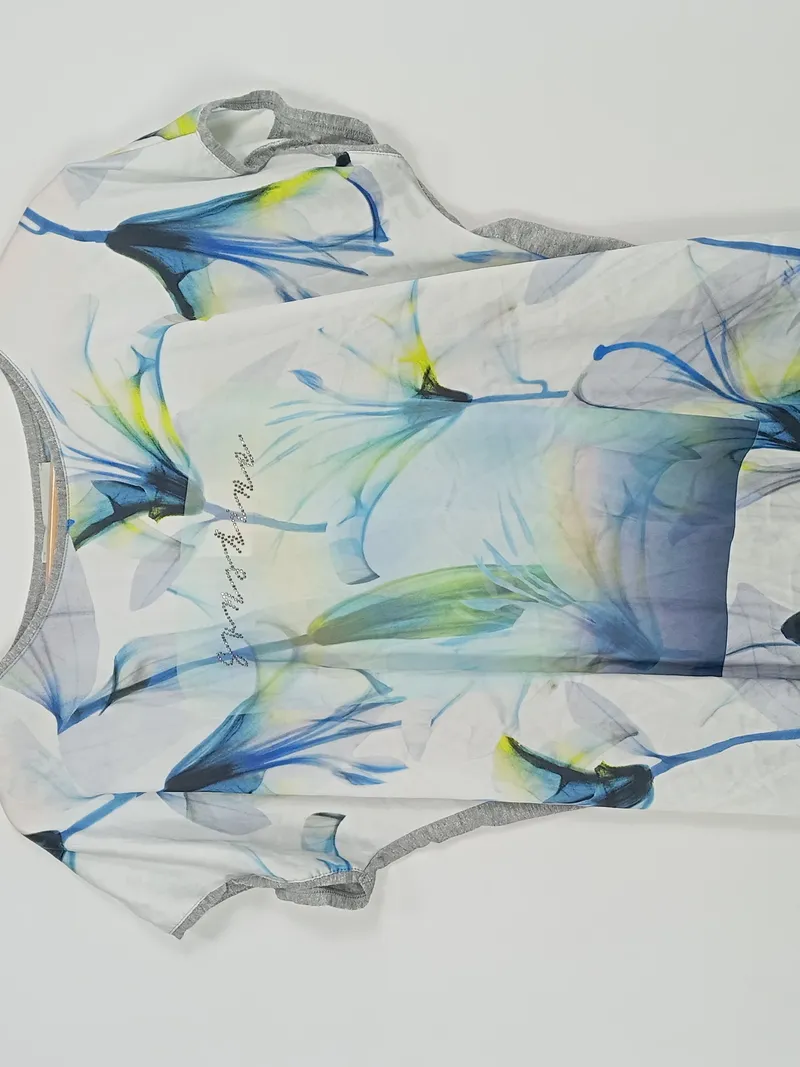 BIANCA Damen T-Shirt Blumenprint Strasssteine Gr. 42/XL Grau Blau 4