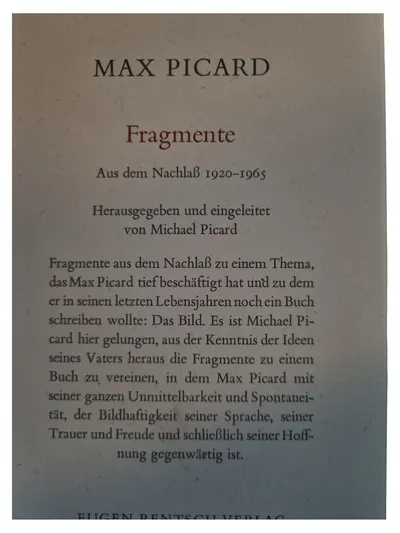 Max Picard Das Bild Essays Taschenbuch Eugen Rentsch Verlag Deutsch