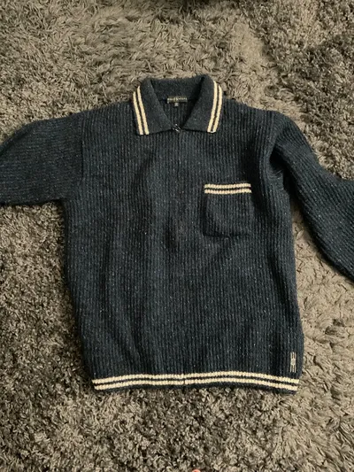 Belfe & Belfe Pullover Herren Blau Gestreift Wolle L Reißverschluss