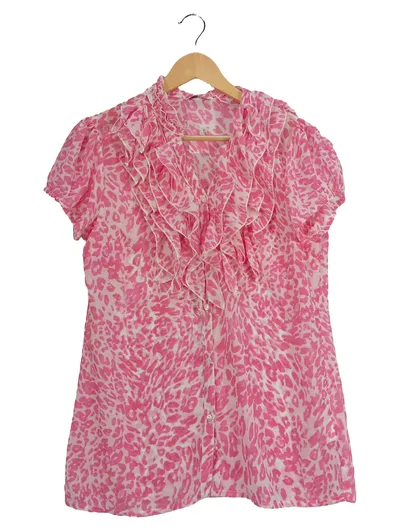 Vivance Damen Bluse Gr. 38 Pink Tierdruck Rüschen Kurzarm Feminin