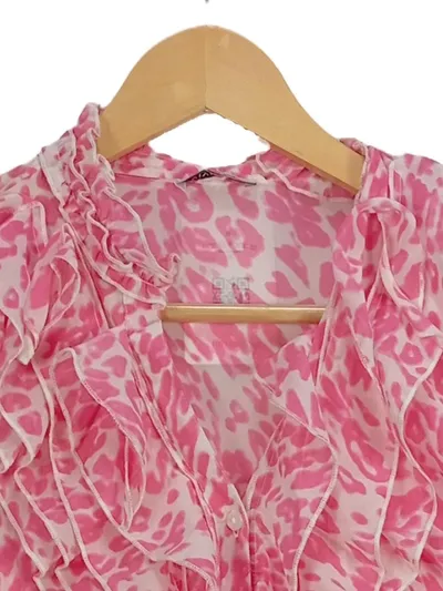 Vivance Damen Bluse Gr. 38 Pink Tierdruck Rüschen Kurzarm Feminin