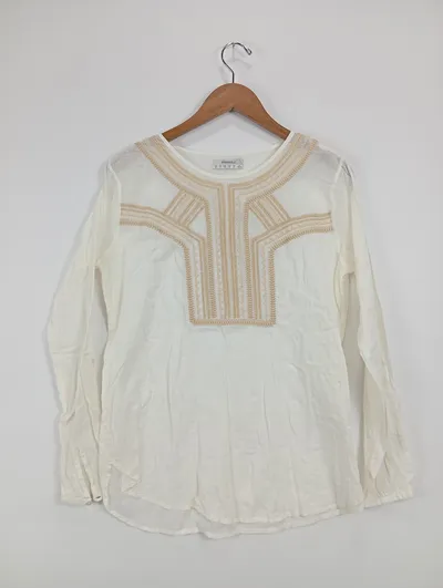 Springfield Damen Bluse Gr. 40 Weiß mit Stickerei Casual Langarm