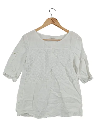 Lina Tomei Damen Bluse Tunika Gr. S Weiß Leinen Stickerei Boho