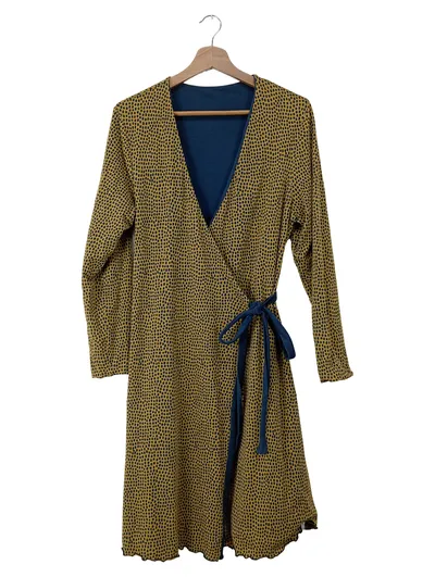 Deerberg Wickelkleid Punkte Gelb Gr. 38 Freizeit Midikleid Schleife Rüschen